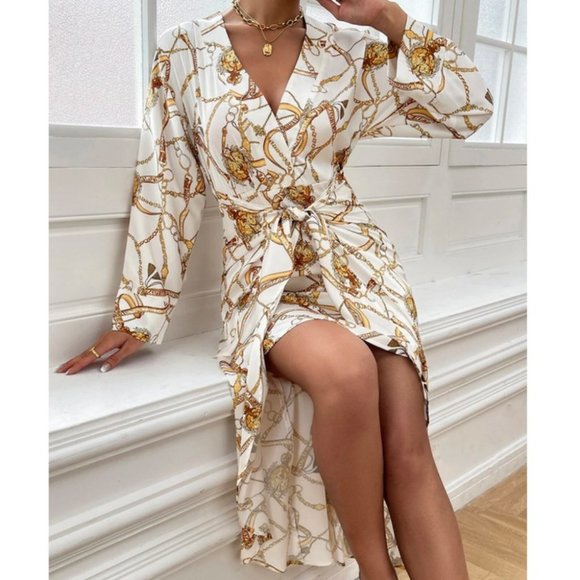 Tie Front Chain Print Asymmetrical Hem long sleeve Midi Dress - Picture 3 of 6